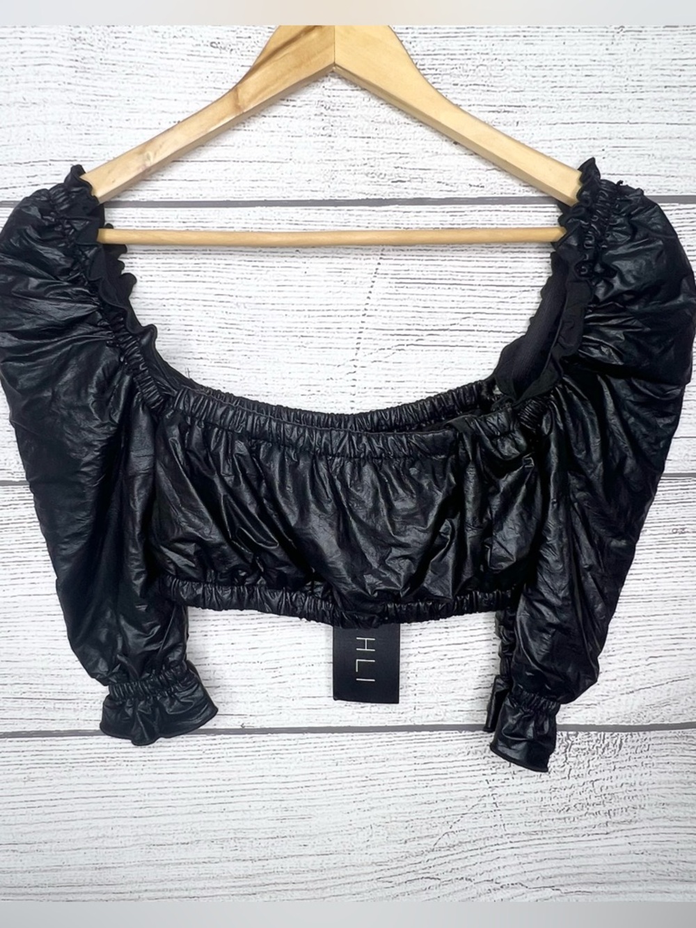 NWT Dahli Black Faux Leather Puff-Sleeve Off Shoulder Crop Top Size Small